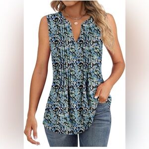 Women’s Sleeveless Pleated Tunic V Neck Floral Blouse